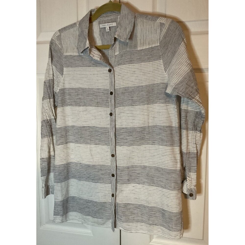 Foxcroft White Navy Stripe Button Down Shirt Blouse Cotton Linen Size 6 Medium